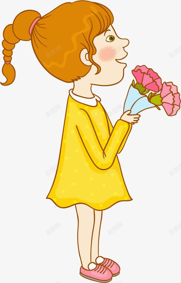 手捧鲜花的女孩png免抠素材_新图网 https://ixintu.com 卡通 可爱 女孩 手绘 蓝色包装 马尾 鲜花 黄色裙子