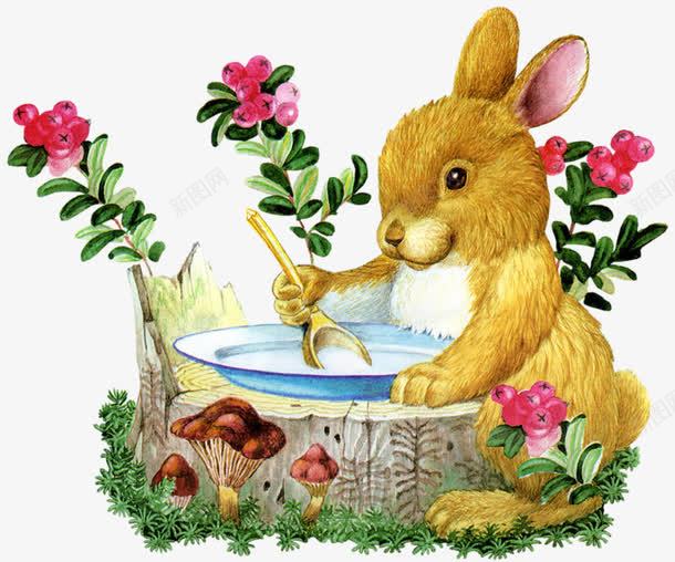 小兔喝汤png免抠素材_新图网 https://ixintu.com 勺子 卡通 小兔 手绘 树根 盘子 花朵 蘑菇
