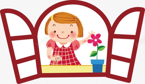 在窗台的小朋友png免抠素材_新图网 https://ixintu.com 卡通 小朋友 窗户 花朵