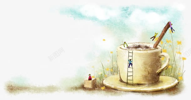 卡通手绘创意风景人物png免抠素材_新图网 https://ixintu.com 人物 创意 卡通 咖啡杯 手绘 风景