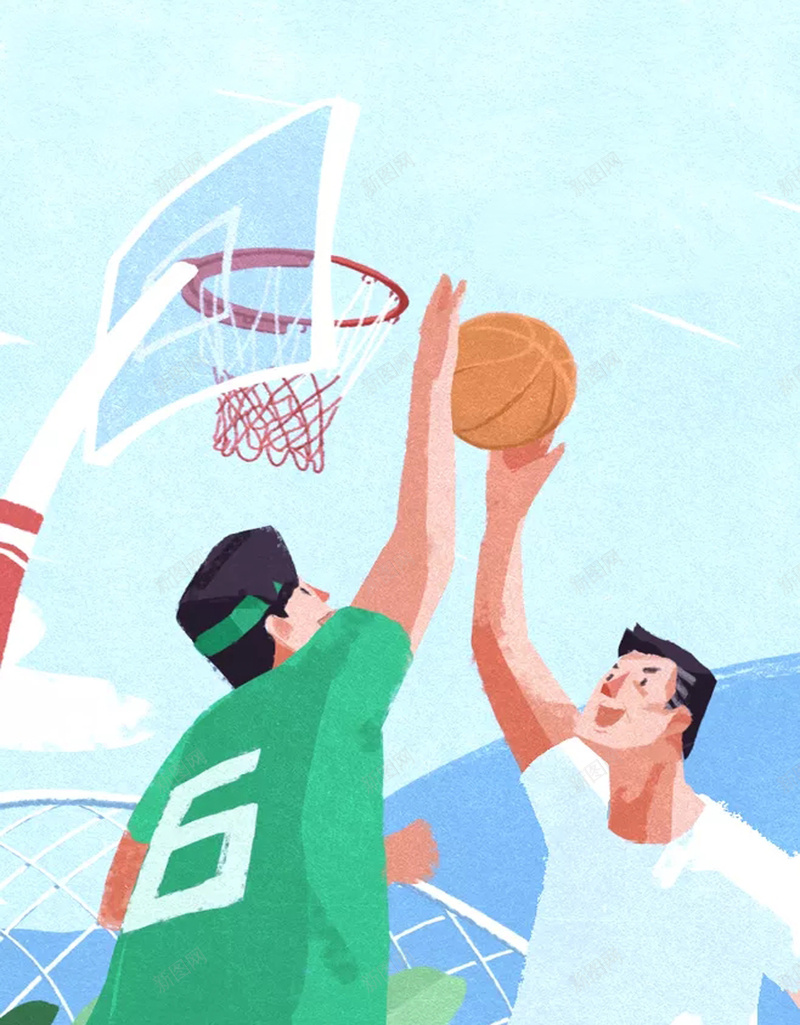 卡通插画海报背景psd设计背景_新图网 https://ixintu.com 单挑 卡通 对打 打篮球 插画 男人 篮球 篮筐 运动