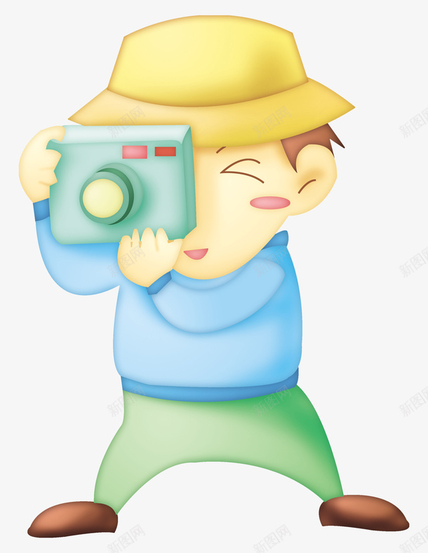 卡通摄影师png免抠素材_新图网 https://ixintu.com 一个 卡通 帽子 手绘 摄影师 相机 简图 绿色 蓝色