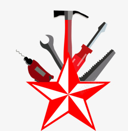 五一劳动节劳动工具与五角星插图素材