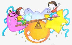 儿童节跷跷板卡通手绘图案素材
