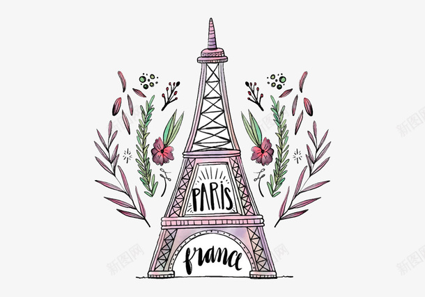 巴黎铁塔png免抠素材_新图网 https://ixintu.com 手绘 植物 素材 花朵 铁塔