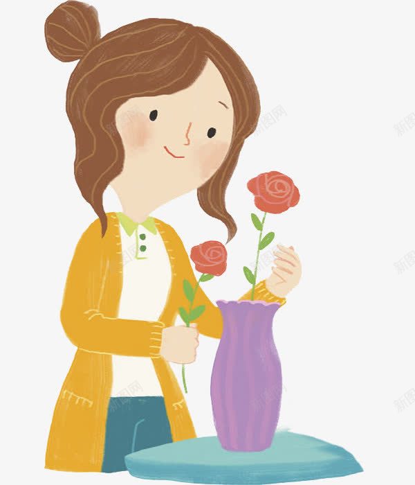插画的女人png免抠素材_新图网 https://ixintu.com 卡通 漂亮的 玫瑰花 美丽的 花瓶 黄色的