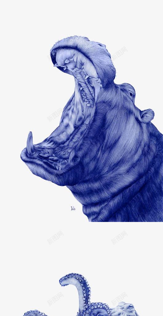 创意写实钢笔画png免抠素材_新图网 https://ixintu.com 写实 创意 动物 蓝色 钢笔画