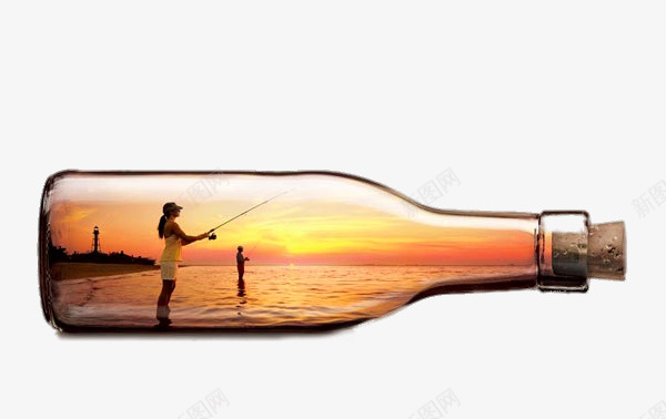 创意瓶子中钓鱼的人png免抠素材_新图网 https://ixintu.com png图片素材 免费png素材 创意瓶子中钓鱼的人 夕阳 海上
