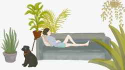 盆栽免费png卡通手绘躺在沙发上睡觉的女高清图片
