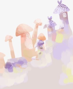 手绘梦幻彩色蘑菇屋素材