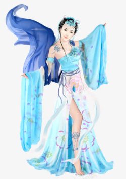 蓝衣妖娆舞女古风手绘素材