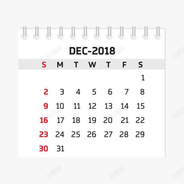 黑白色2018十二月台历png免抠素材_新图网 https://ixintu.com 2018 2018台历 十二月 台历 日常 白色 红色 黑色