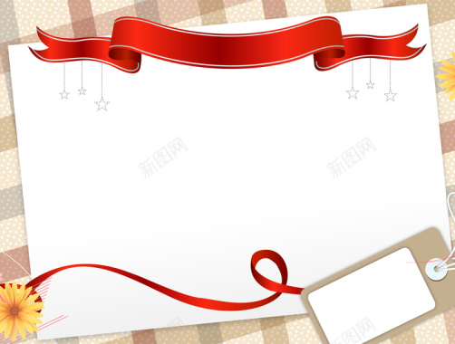 红色丝带白色卡片吊牌褐色格子背景矢量图背景