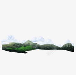 手绘插画场景绿山和雾矢量图素材