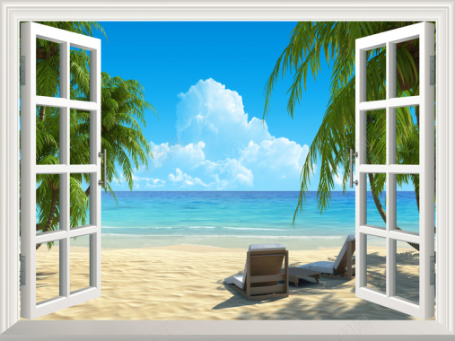 3D窗户大海沙滩海报背景背景