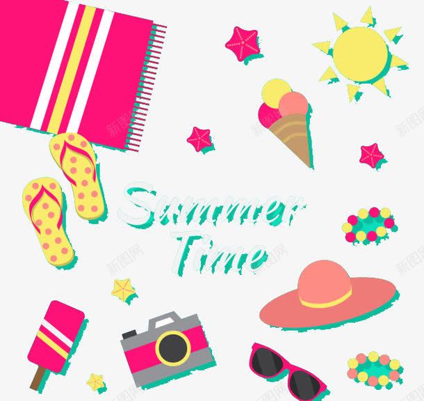 夏季元素png免抠素材_新图网 https://ixintu.com 冰淇淋 卡通 夏季元素 太阳 帽子 拖鞋 相机 眼镜