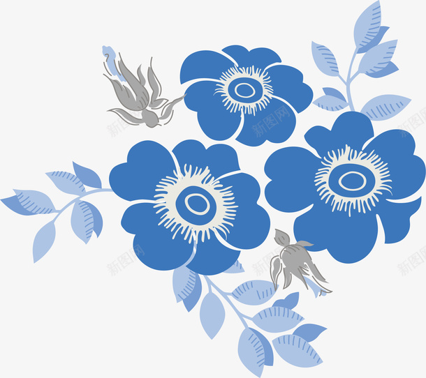 手绘蓝色花朵叶子png免抠素材_新图网 https://ixintu.com 唯美 小清新 手绘花朵 水彩 蓝色叶子 蓝色花朵