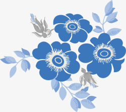 手绘蓝色花朵叶子素材