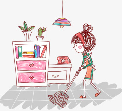 卡通可爱插图打扫地板的女孩素材