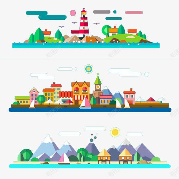 卡通城市png免抠素材_新图网 https://ixintu.com 大山 海鸥 简笔画 铁塔
