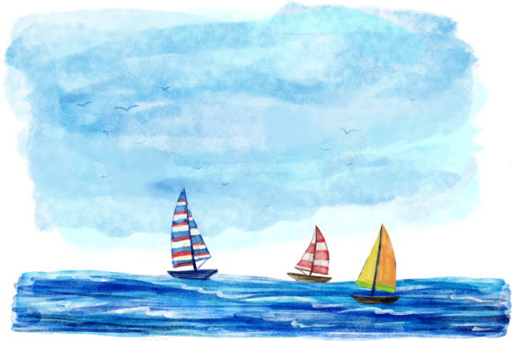 海浪帆船水彩海报背景矢量图背景