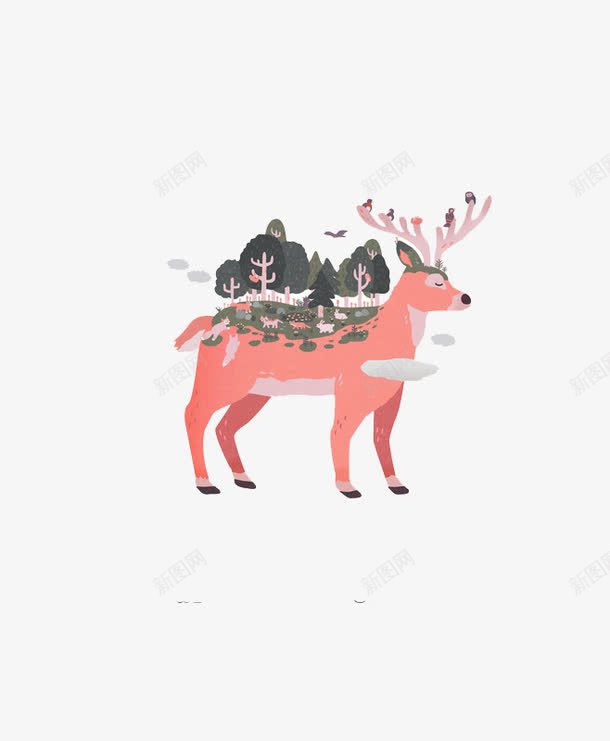 手绘小鹿背上的树林png免抠素材_新图网 https://ixintu.com 小鹿 手绘动物 树林 红色小鹿