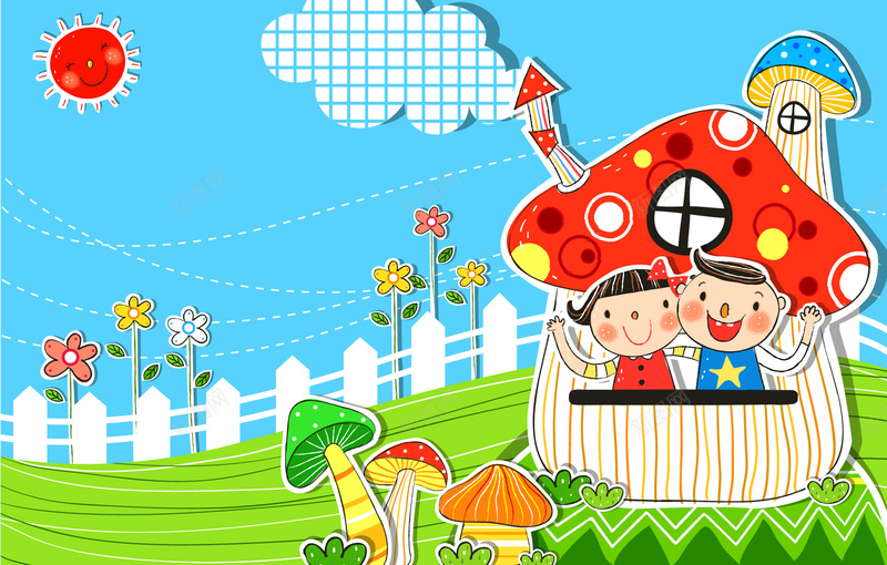 卡通儿童蘑菇房背景矢量图ai设计背景_新图网 https://ixintu.com 儿童 卡通 手绘 童趣 背景 蓝色 蘑菇房 矢量图
