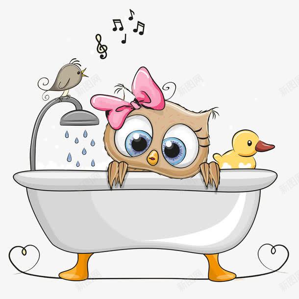 洗澡的猫头鹰png免抠素材_新图网 https://ixintu.com 卡通 手绘 洗澡 浴池 猫头鹰 鸭子