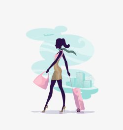 美女行李箱时尚女人推着行李箱高清图片