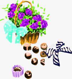 手绘紫色花篮植物巧克力蝴蝶结素材
