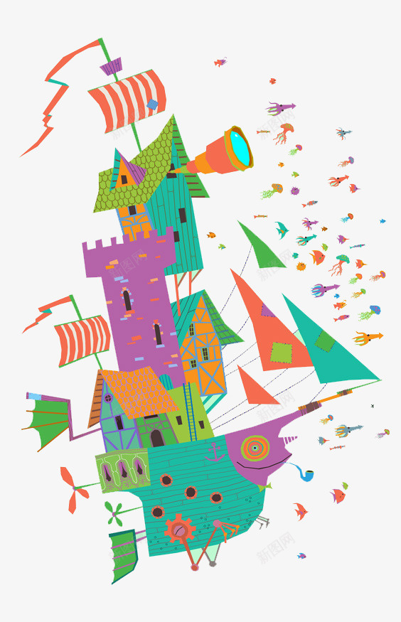 彩色海洋城堡插画psd免抠素材_新图网 https://ixintu.com 城堡 彩色 插画 海洋