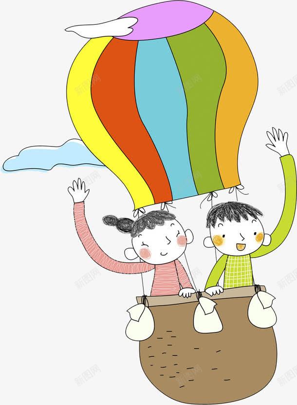 坐热气球的男孩和女孩png免抠素材_新图网 https://ixintu.com 卡通 女孩 彩色 手绘 挥手 热气球 男孩 蓝云