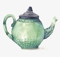 手绘绿色水彩茶壶素材
