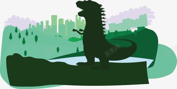 恐龙袭击png免抠素材_新图网 https://ixintu.com 卡通 城市 怪兽 灾害 绿色