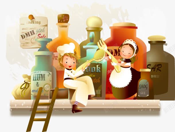 瓶装调味料png免抠素材_新图网 https://ixintu.com 卡通厨师 梯子 矢量素材