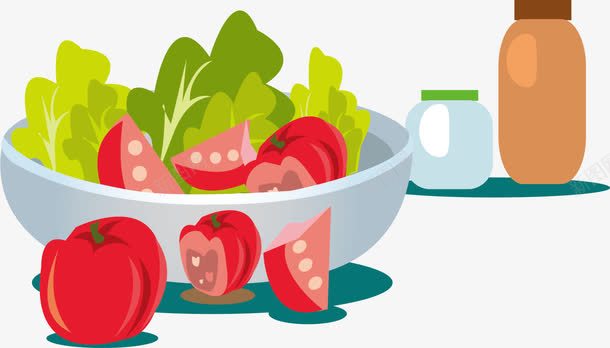 美味蔬菜沙拉png免抠素材_新图网 https://ixintu.com 减肥餐 白色碗 红色西红柿 绿色菜叶 美味沙拉 蔬菜沙拉 酱汁瓶子