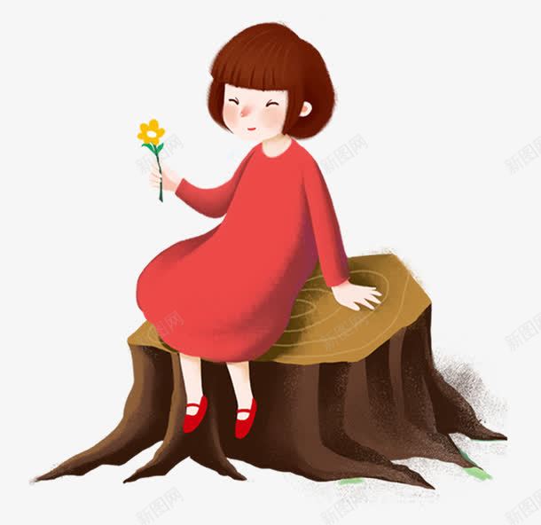 卡通手绘坐在木桩上的小女孩png免抠素材_新图网 https://ixintu.com 卡通 小女孩 年轮 手绘 木桩 树木 红裙子