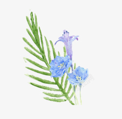 蓝色水彩花朵绿叶装饰图案素材