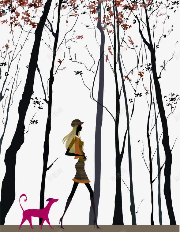 树林里散步的女孩png免抠素材_新图网 https://ixintu.com 女孩 高大树木 黑白色