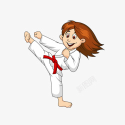 练习武术手绘卡通跆拳道女孩踢腿高清图片