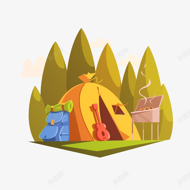 野外野营帐篷png免抠素材_新图网 https://ixintu.com 卡通帐篷 卡通树林 绿色树木 背景装饰 野外野营