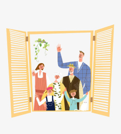 招手的一家人手绘卡通站在窗户招手的一家人矢高清图片