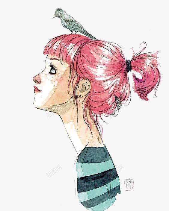 粉色头发的女孩png免抠素材_新图网 https://ixintu.com 卡通 女孩 小鸟 手绘 插画 时尚 马尾
