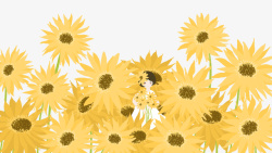 卡通手绘向日葵花丛里的女孩素材