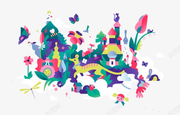 卡通城堡动物植物图案png免抠素材_新图网 https://ixintu.com 动物 卡通城堡 植物图案