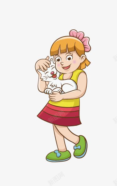 卡通女孩子png免抠素材_新图网 https://ixintu.com 抱着猫 白色的猫 穿着裙子的女孩子