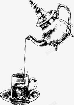 黑白茶壶茶壶茶杯倒茶高清图片