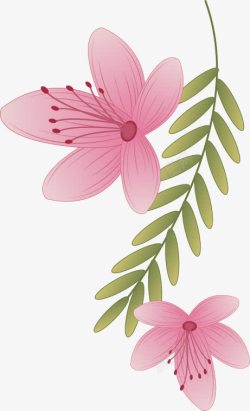 粉色手绘线条花朵树叶素材