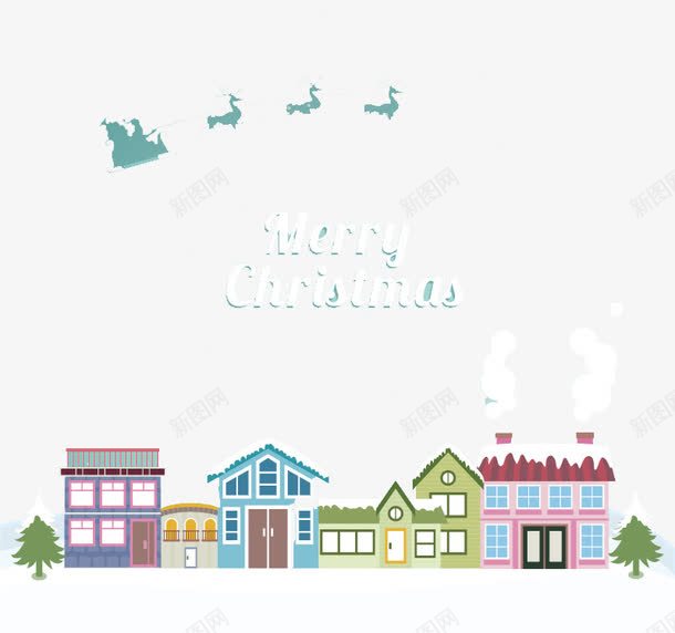 小镇上空的圣诞雪橇png免抠素材_新图网 https://ixintu.com 住宅 圣诞老人 圣诞节 小镇 房屋 雪橇