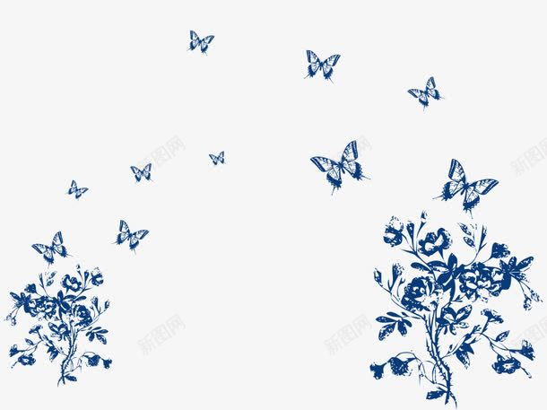 卡通手绘蓝色蝴蝶花朵树枝png免抠素材_新图网 https://ixintu.com 卡通的植物 手绘的花朵 蓝色的花朵树枝 蓝色的蝴蝶